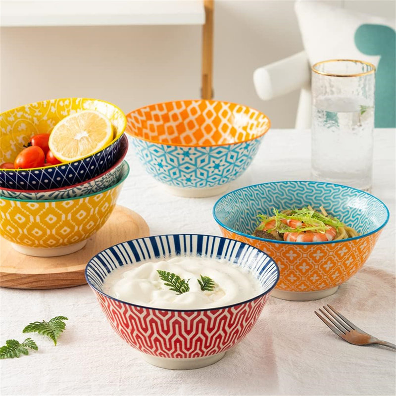 Bungalow Rose Ceramic Bowls Set 20 Oz Serving Bowls For Kitchen Cereal Ice Cream Soup Salad Rice Dessert Ceramic Bowls Assorted Colorful Design Set Of 6 Wayfair